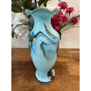 Vintage Hand Blown Art‎ Glass Vase Turquoise Blue Swirl Pedestal Decor Retro Art